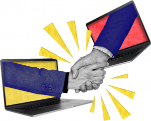 two hands coming out of a laptops' screens in a strong handshake 