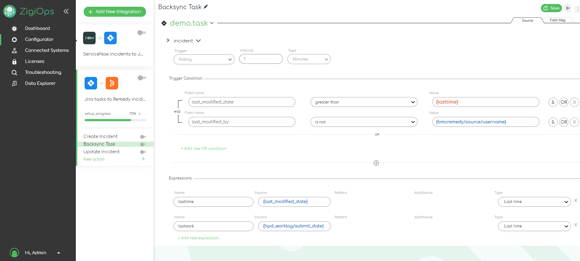 ZigiOps-UI:-ServiceNow-task-to-Remedy-incident-template-with-backsync-task-featuring-the-incident-trigger-conditions-and-values,-and-expressions