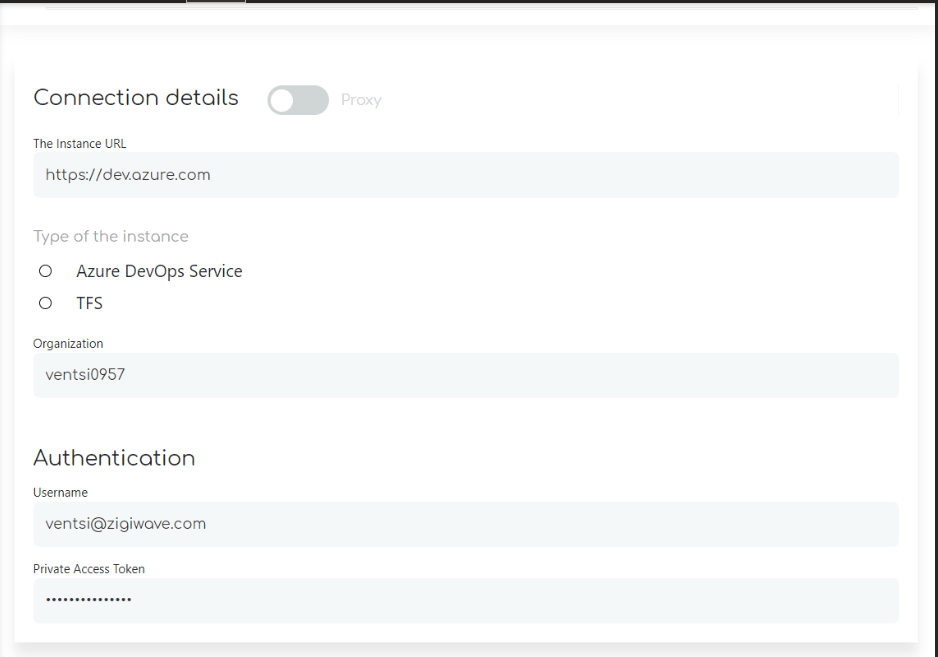 ZigiOps Jira Azure DevOps integration: Connecting to Azure DevOps details 