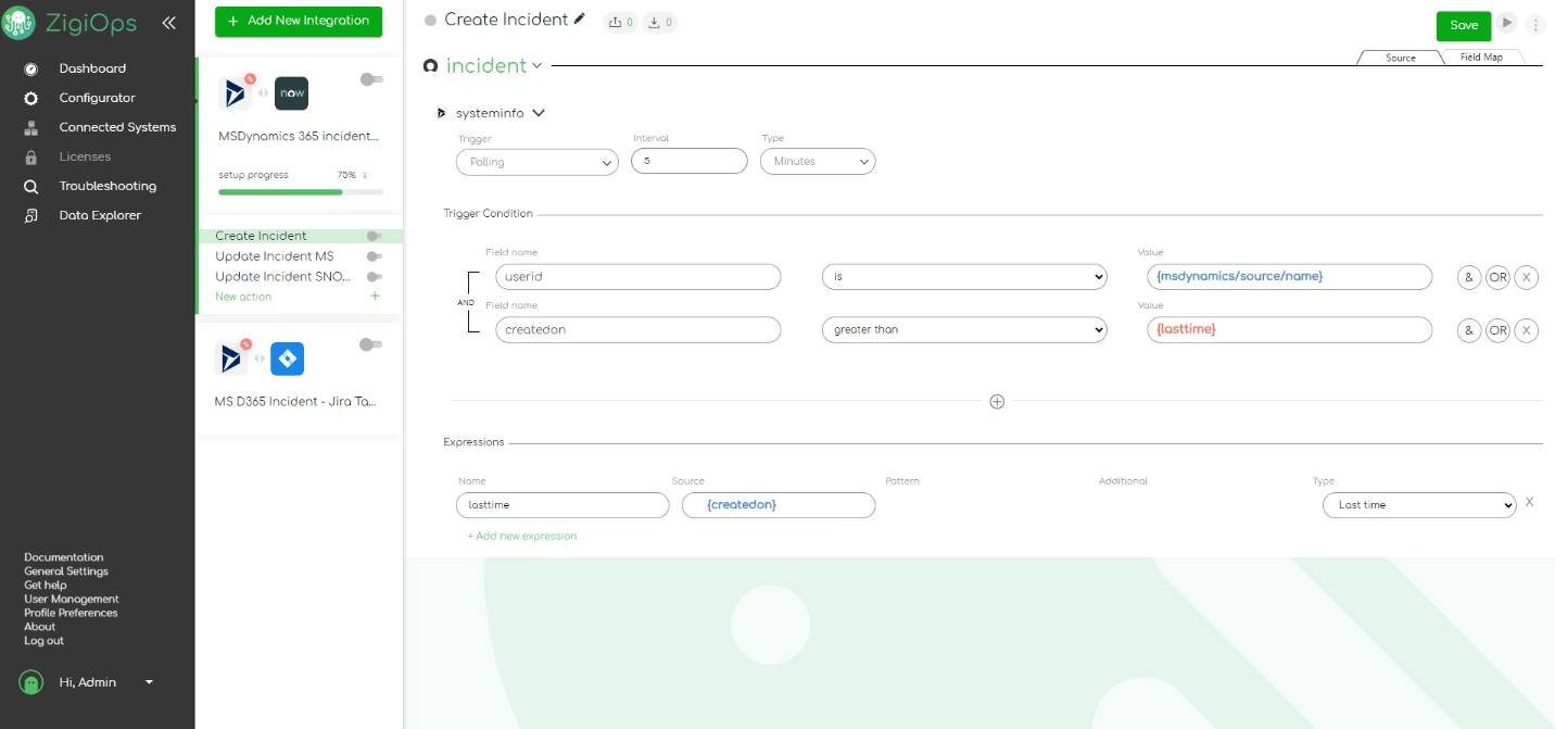 ZigiOps no-code platform- integrate Dynamics 365 to ServiceNow template