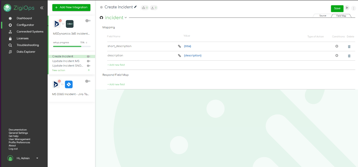 ZigiOps no-code platform- integrate Dynamics 365 to ServiceNow template