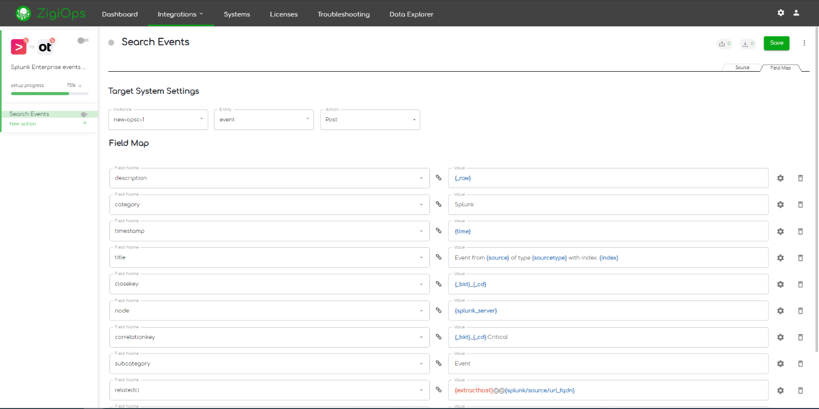 ZigiOps Splunk OpsBridge integration template- field mapping details