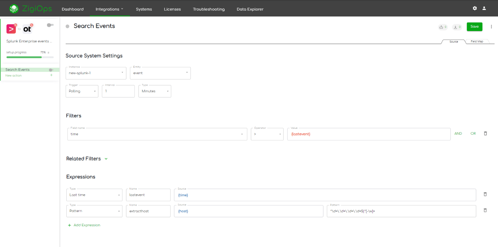 ZigiOps Splunk OpsBridge integration source tab details