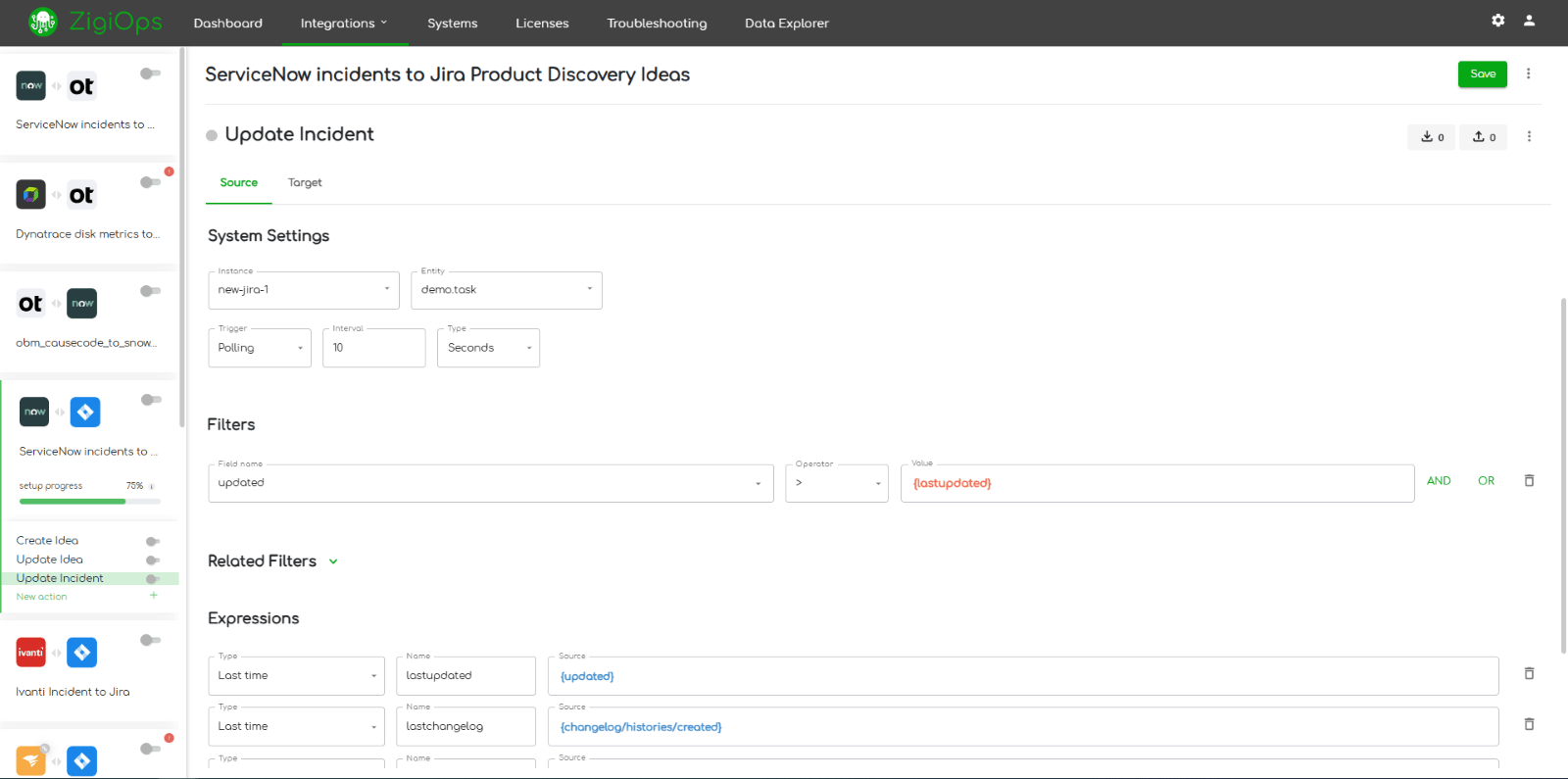 Jira Product Discovery to ServiceNow integration Update Incident filters fields (they are also customizable)
