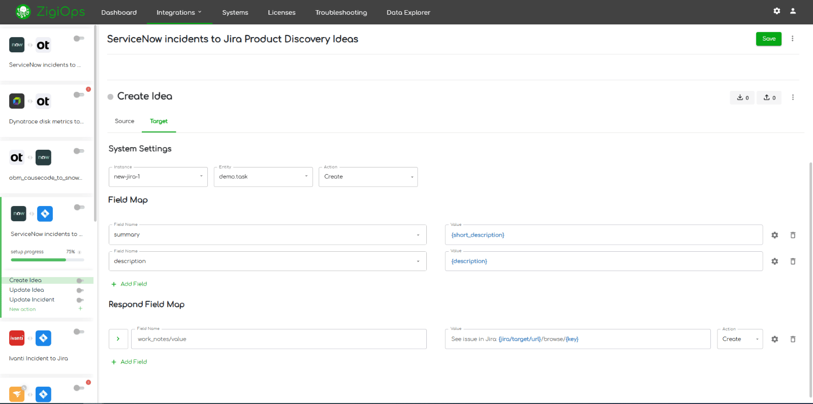 Jira Product Discovery integration to ServiceNow integration template respond field map - idea creation