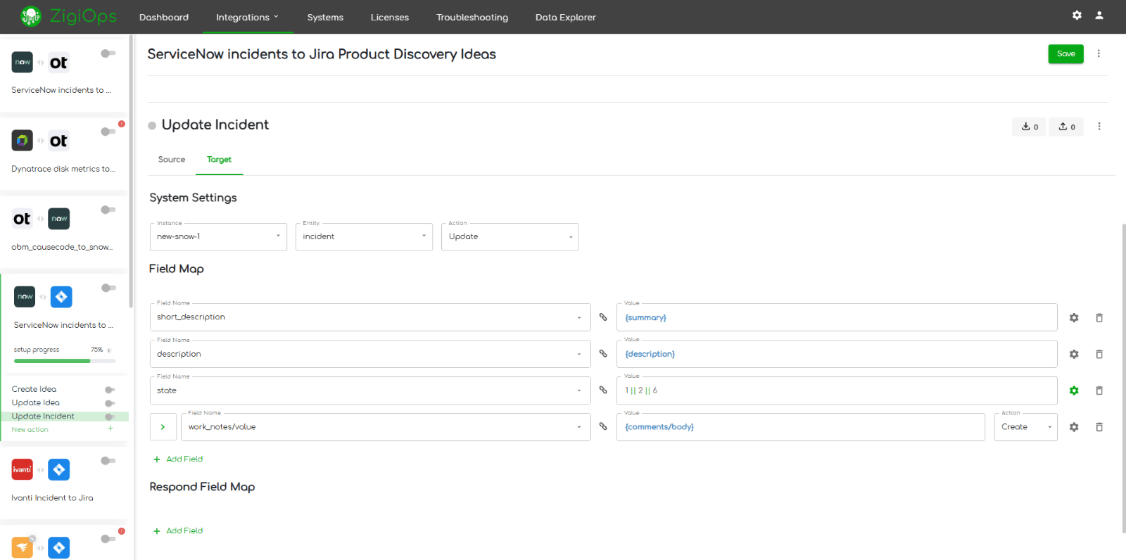 : Jira Product Discovery to ServiceNow integration Update Incident field map fields