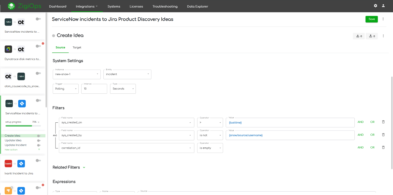 Jira Product Discovery to ServiceNow integration template ideas action filters