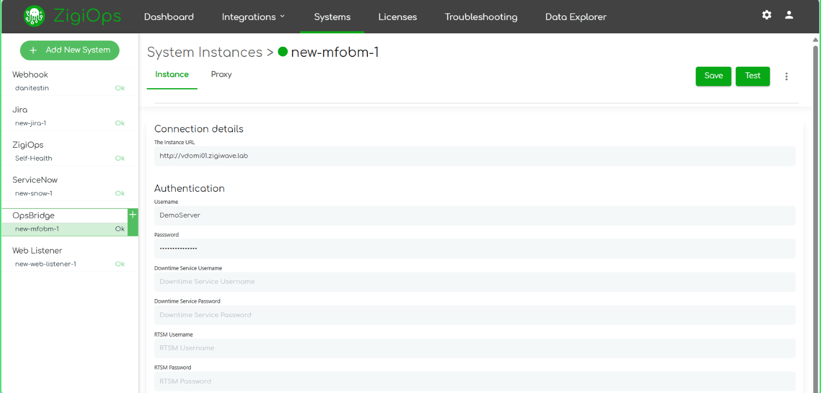 Connecting ZigiOps to OpsBridge instance dashboard