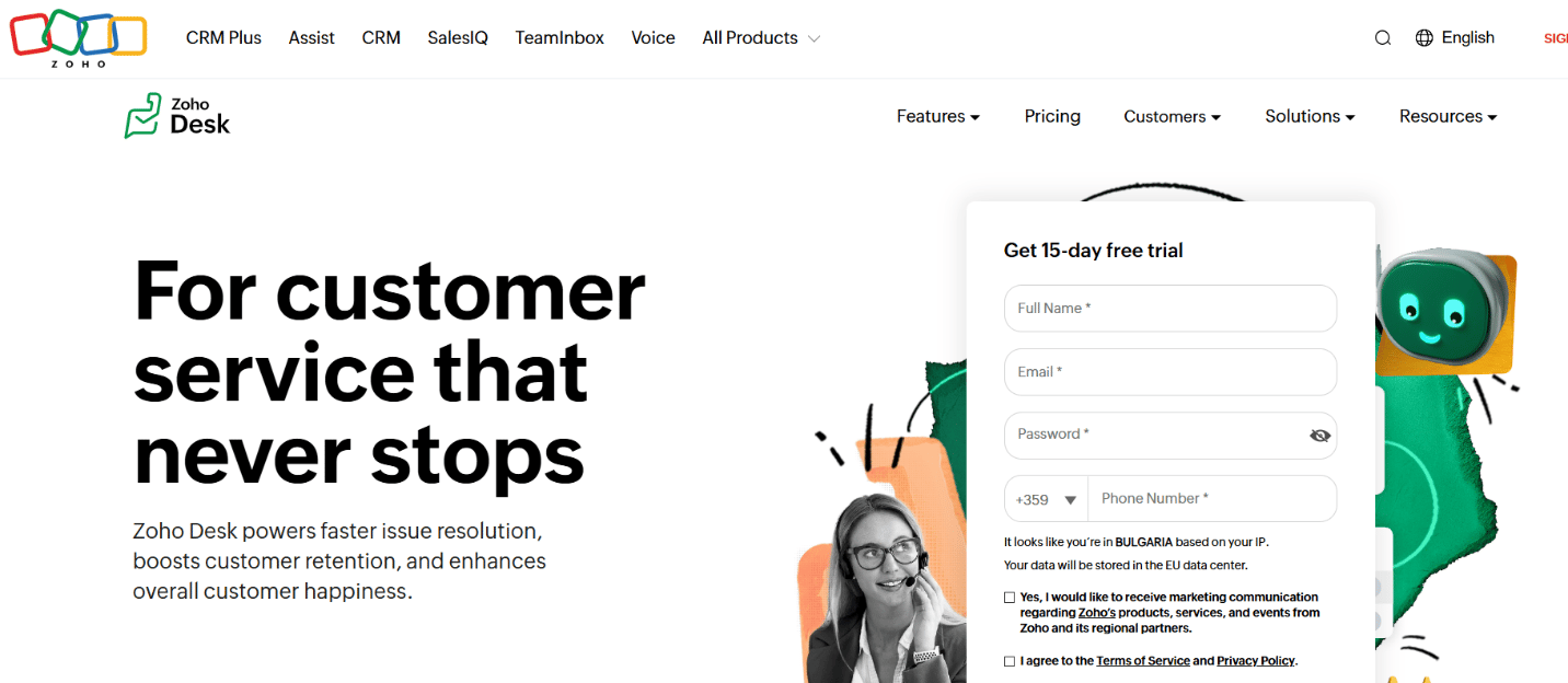 Zoho Desk Landing page