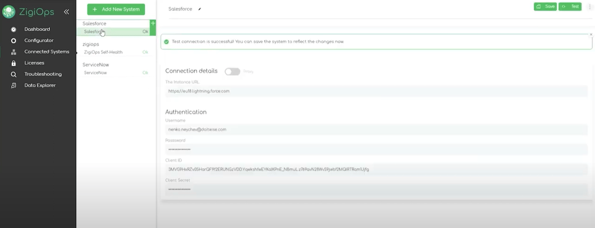 Image of zigiops salesforce connection panel with some fields
