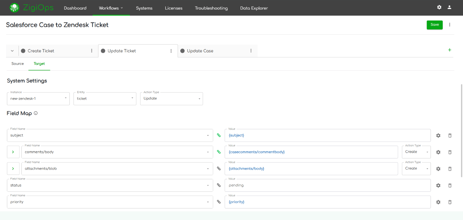 screenshot of zigiops - update zendesk ticket (target tab)