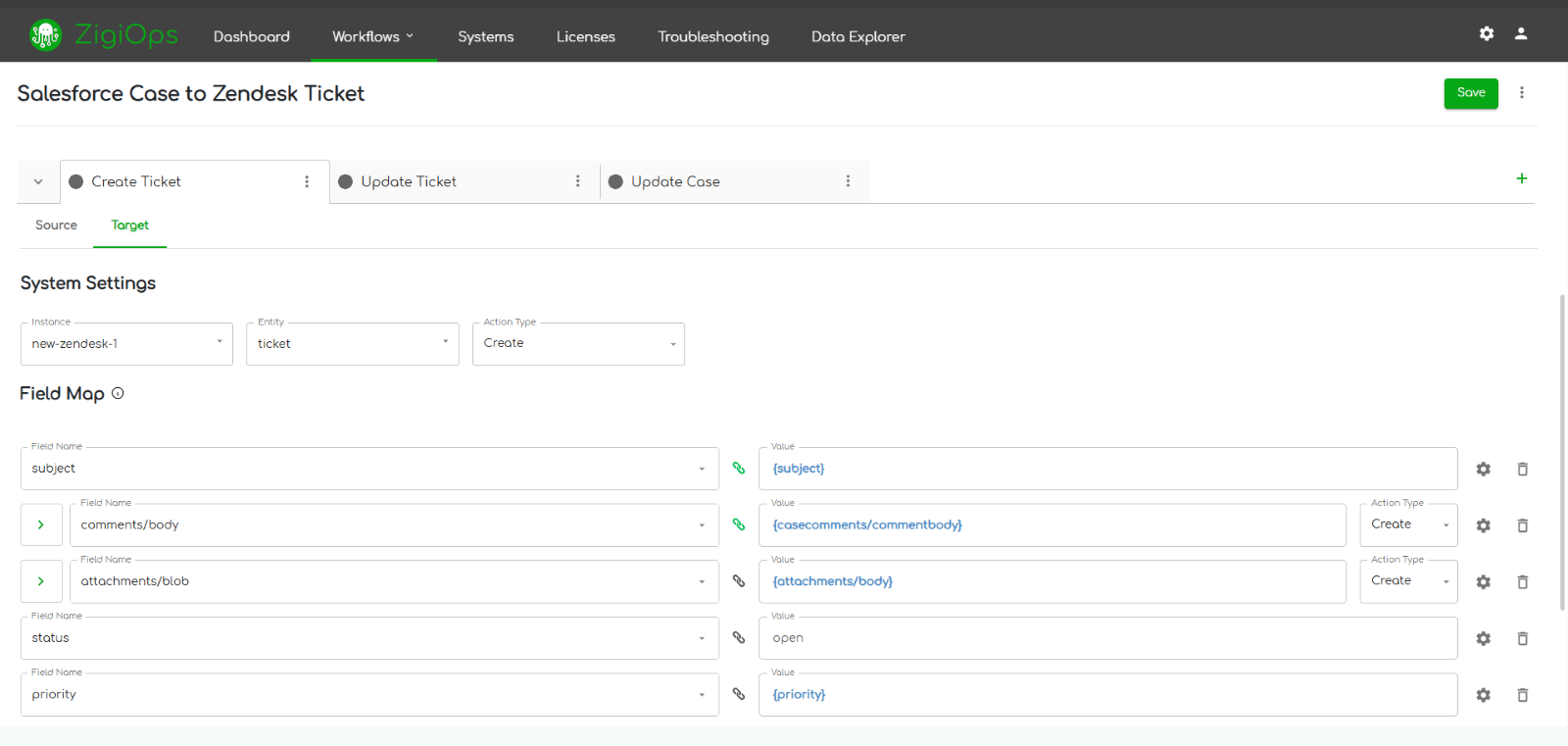 zigiops screenshot of creating ticket action - target field