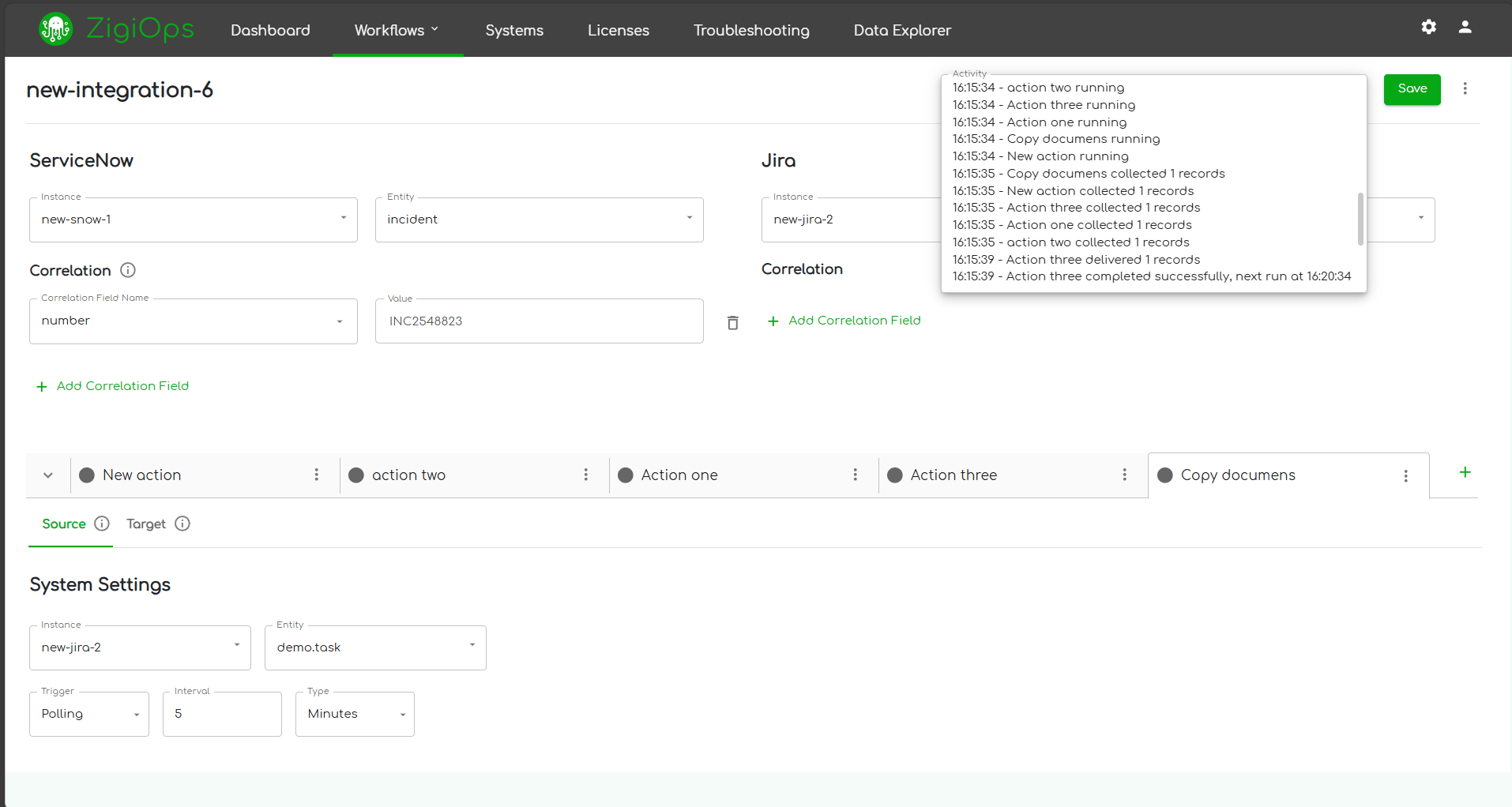 zigiops interface with different boxes filled with information