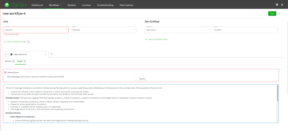 ZigiOps Workflow AI helper for fixing integration issues screenshot