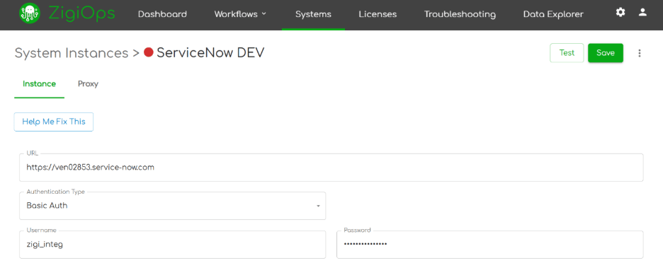 ZigiOps UI showing the Connected Systems configuration screen for ServiceNow