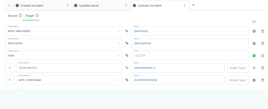 Screenshot of the mapping fields of ZigiOps’ Jira to ServiceNow integration