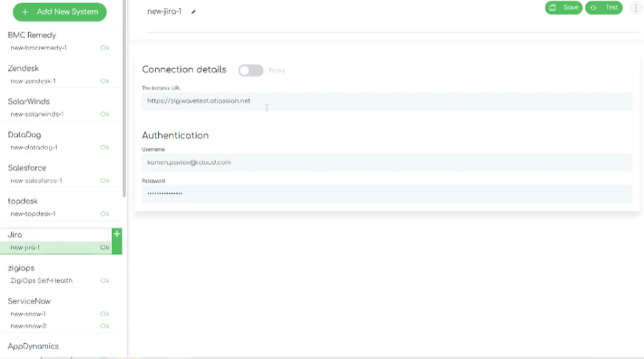 Screenshot of the ZigiOps board with the connecting details to the Atlassian Jira