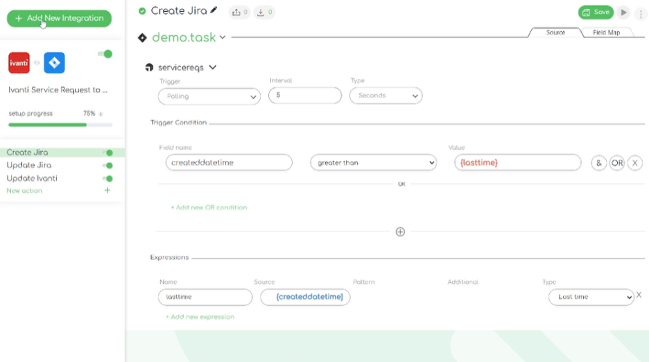 The Ivanti to Jira integration template in ZigiOps: trigger conditions fields data