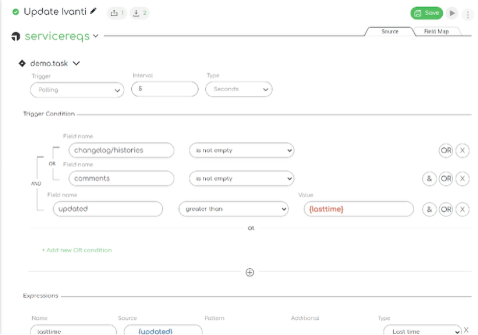 Close up screenshot of the Ivanti to Jira integration template: updating ivanti –trigger and trigger conditions field names