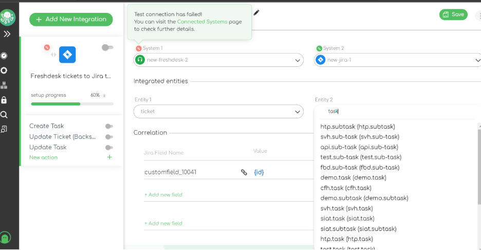 Screenshot of ZigiOps Freshdesk to Jira integration template  with initial info on entities and their values displayed in a drop-down menu