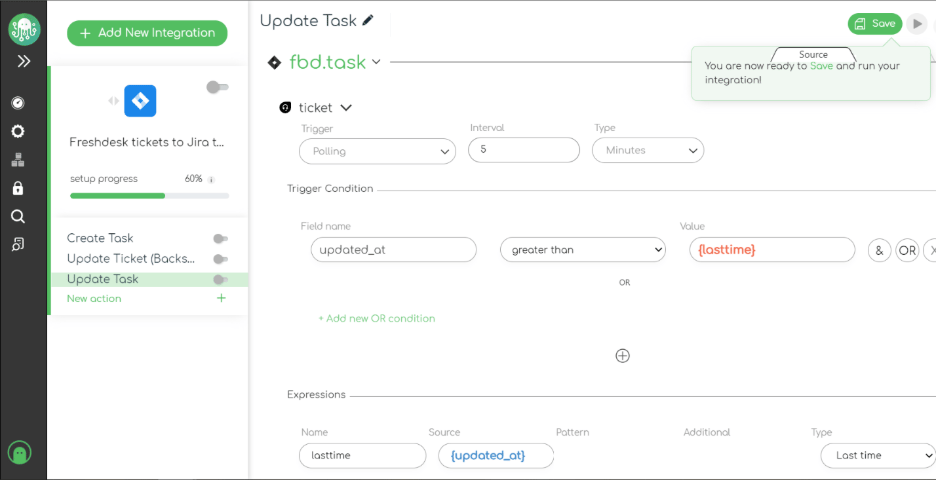 Snapshot of ZigiOps Freshdesk Jira integration template - expressions in updating task action