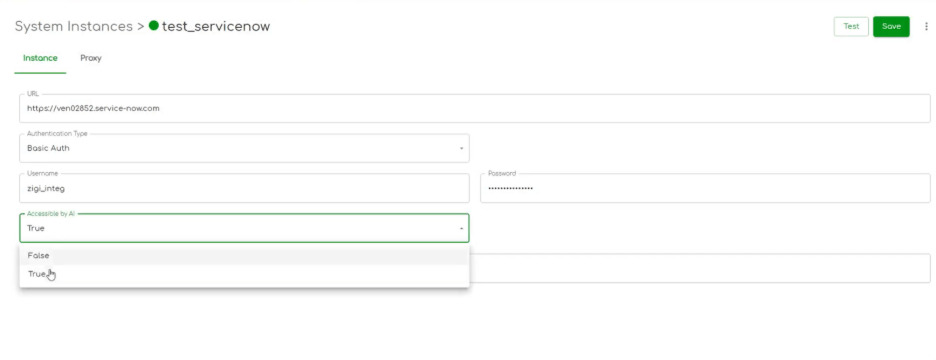ZigiOps UI showing a system instance with “Accessible by AI” set to true, generating a secure MCP endpoint link. 
