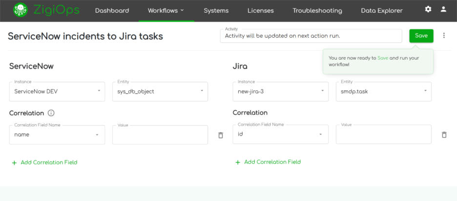 ZigiOps correlation configuration screen showing unique ID field mapping between Jira and ServiceNow