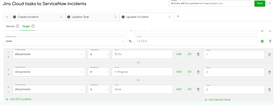 ZigiOps conditional state mapping configuration between ServiceNow State and Jira Status