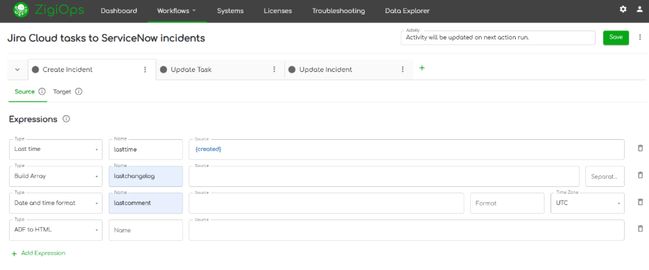 igiOps Expressions in action: converting an epoch timestamp from ServiceNow into a human-readable date string for Jira.