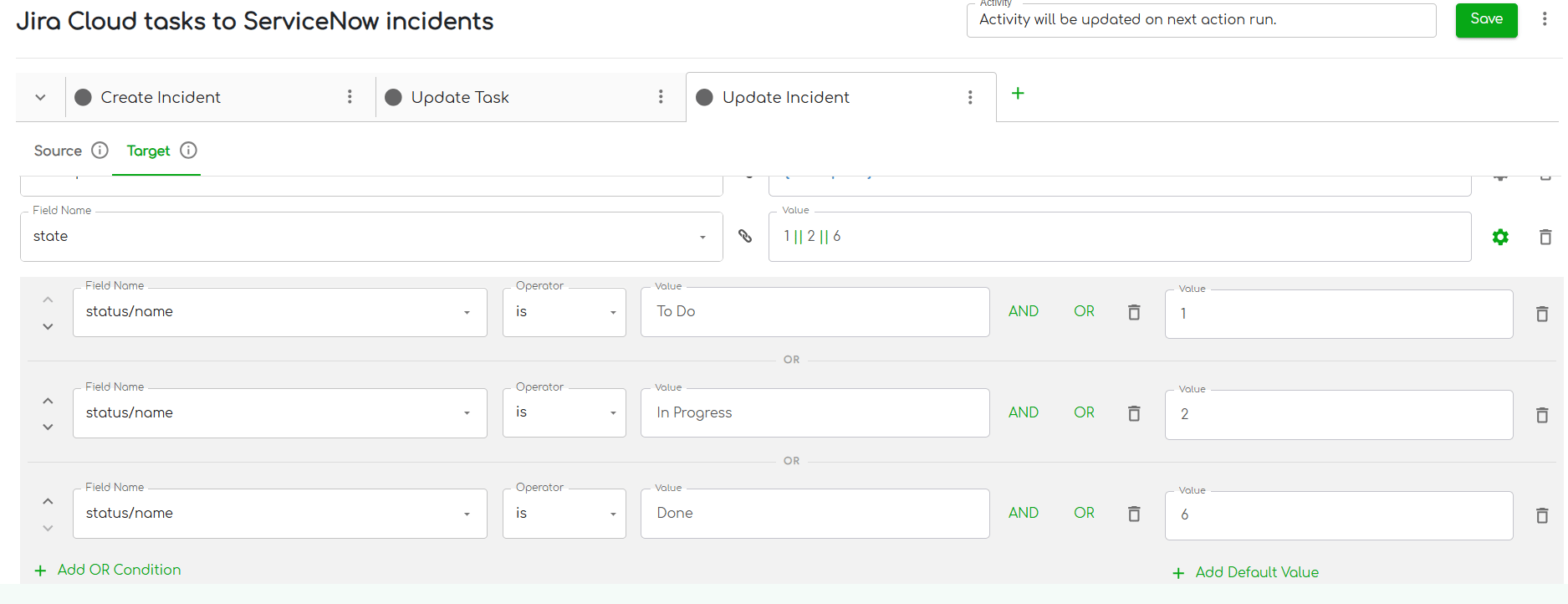 ZigiOps conditional field mapping enforcing a data contract for status translation.