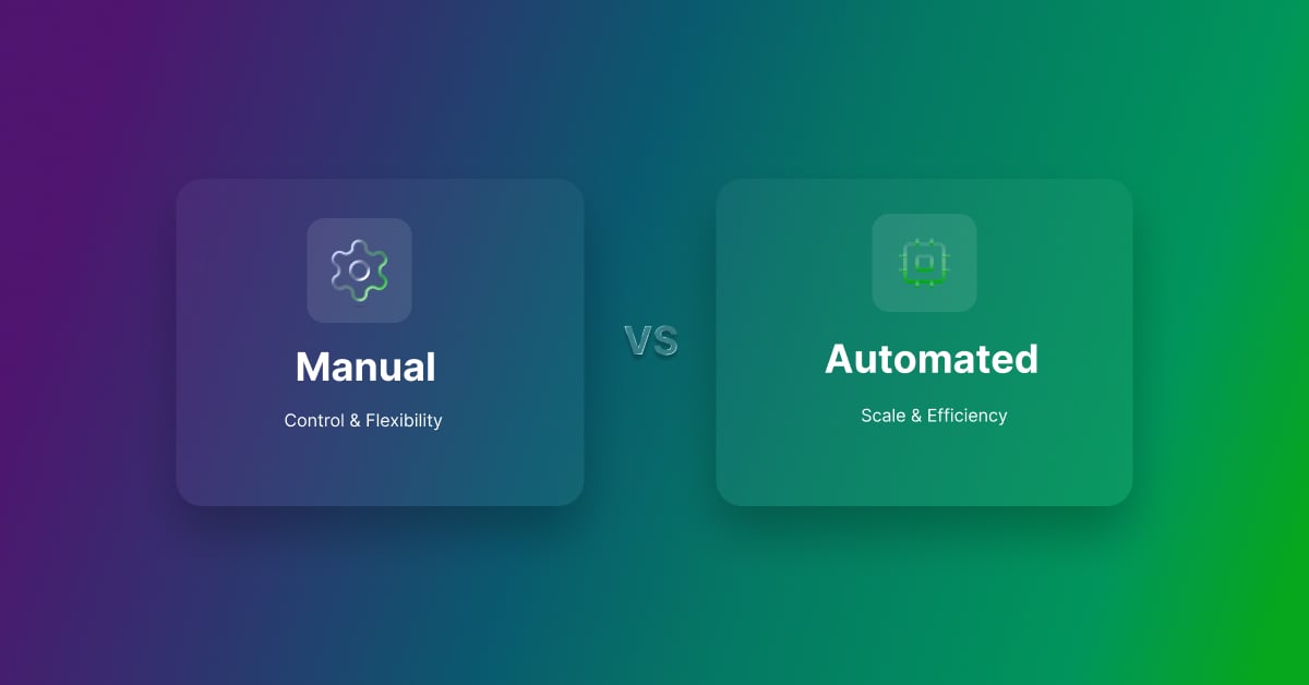 Manual vs automated integration comparison showing control and flexibility versus scale and efficiency