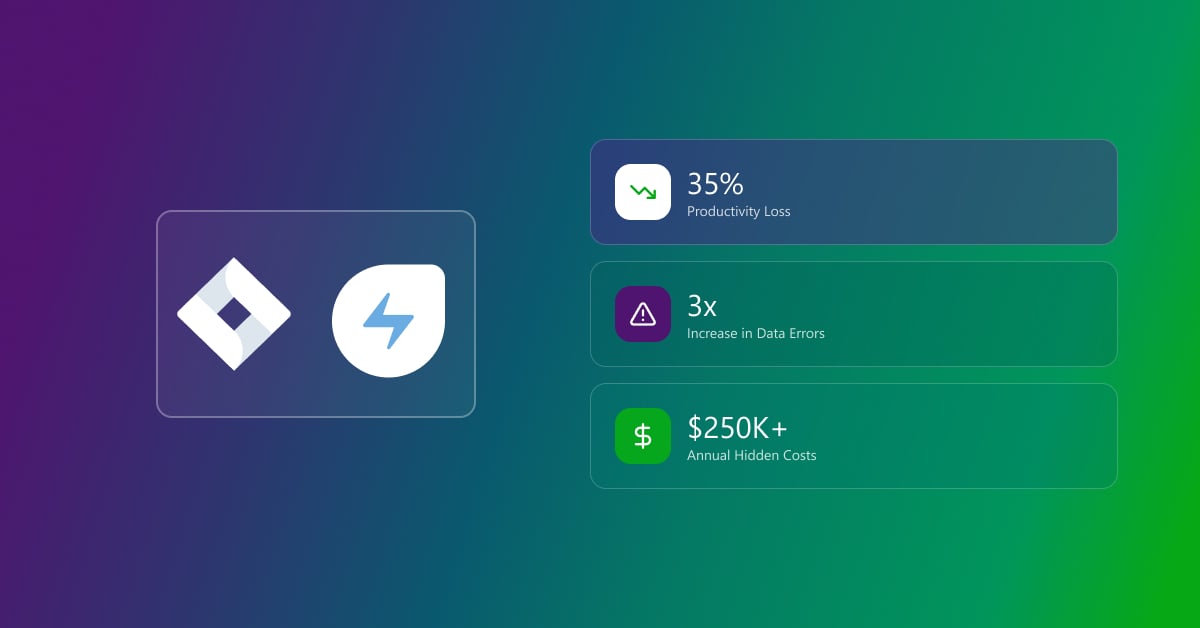 freshservice and jira logos in blue, green and purple background
