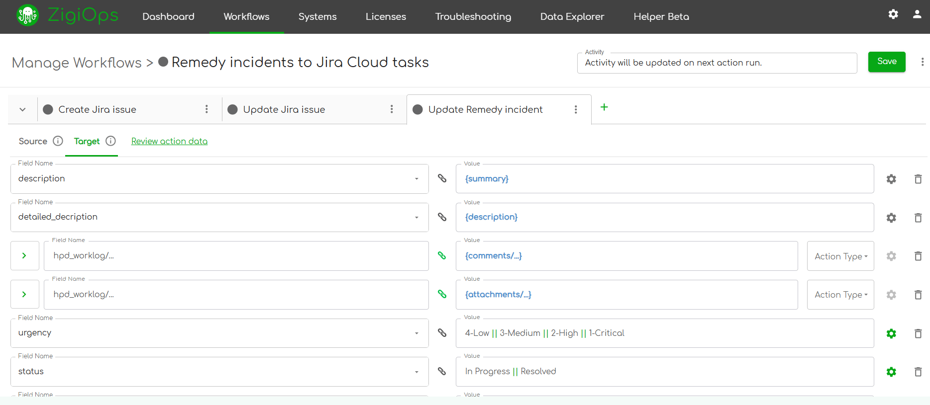 ZigiOps integration template for Jira BMC Remedy integration showing conditional field mapping in the guided UI