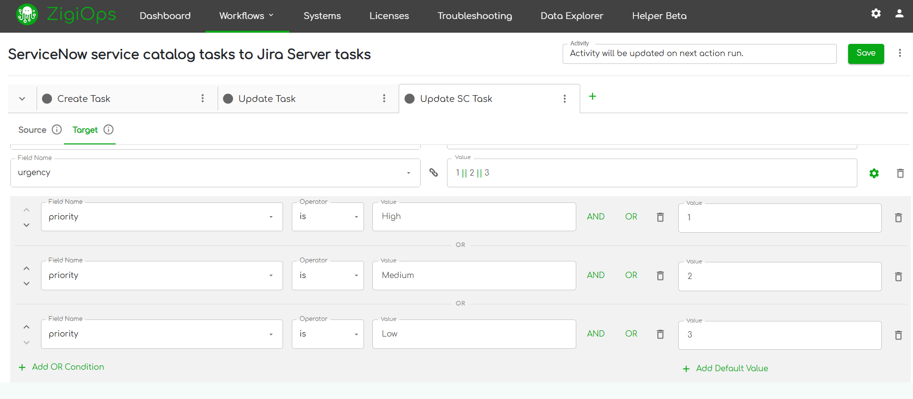 ZigiOps guided UI showing Jira to ServiceNow field mapping configuration.